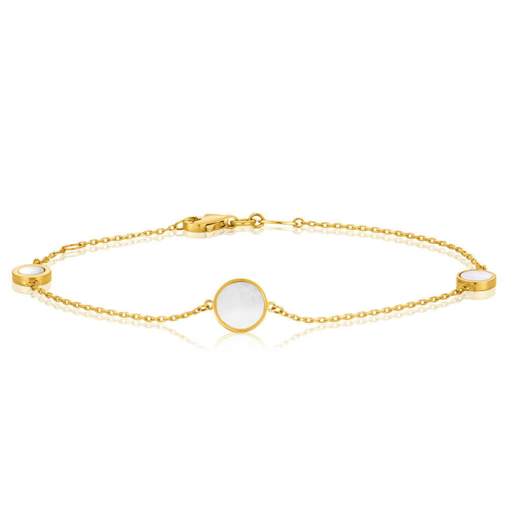 Exquisite 9ct Yellow Gold and Mother of Pearl Fancy Design 19cm Bracelet for Women