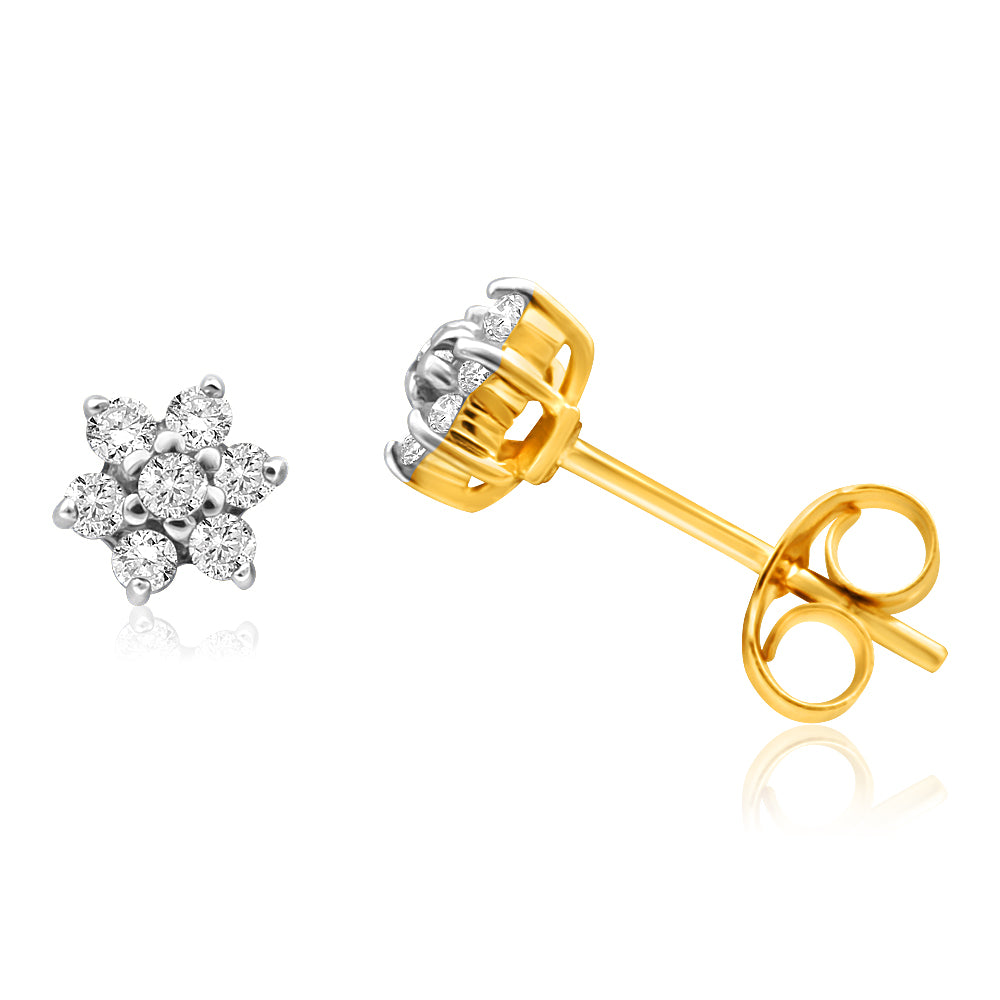 Stunning 9 Carat Yellow Gold 1/5 Carat Dazzling Diamond Stud Flower Earrings for Women