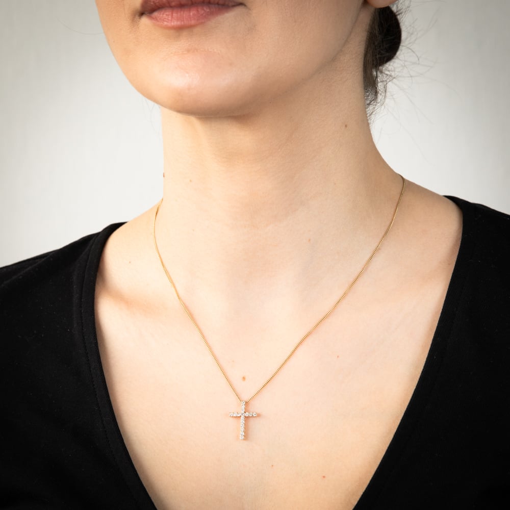 10-Carat Yellow Gold Diamond Cross Pendant Jewelry Set Adorned with Sparkling Brilliant Diamonds