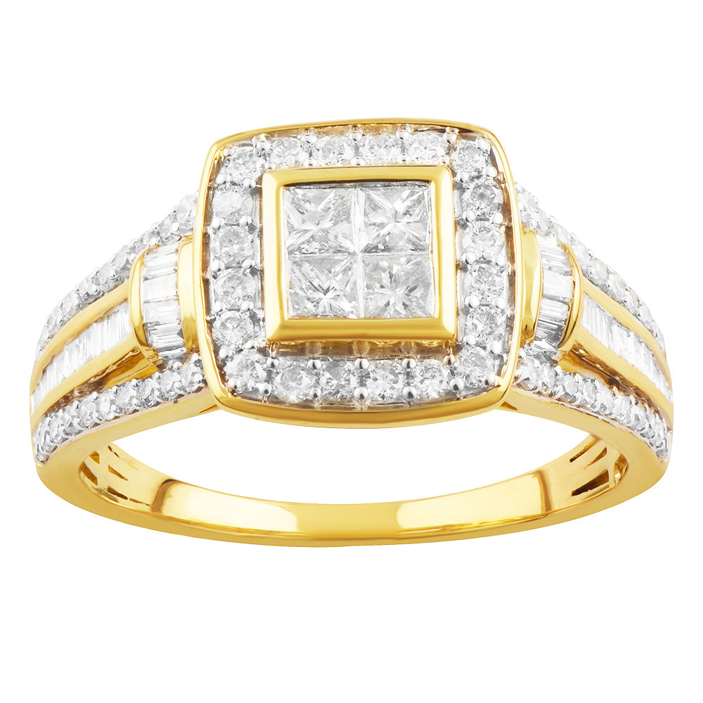 Stunning 9ct Yellow Gold Ring Set with 1 Carat Princess Brilliant and Baguette Diamonds