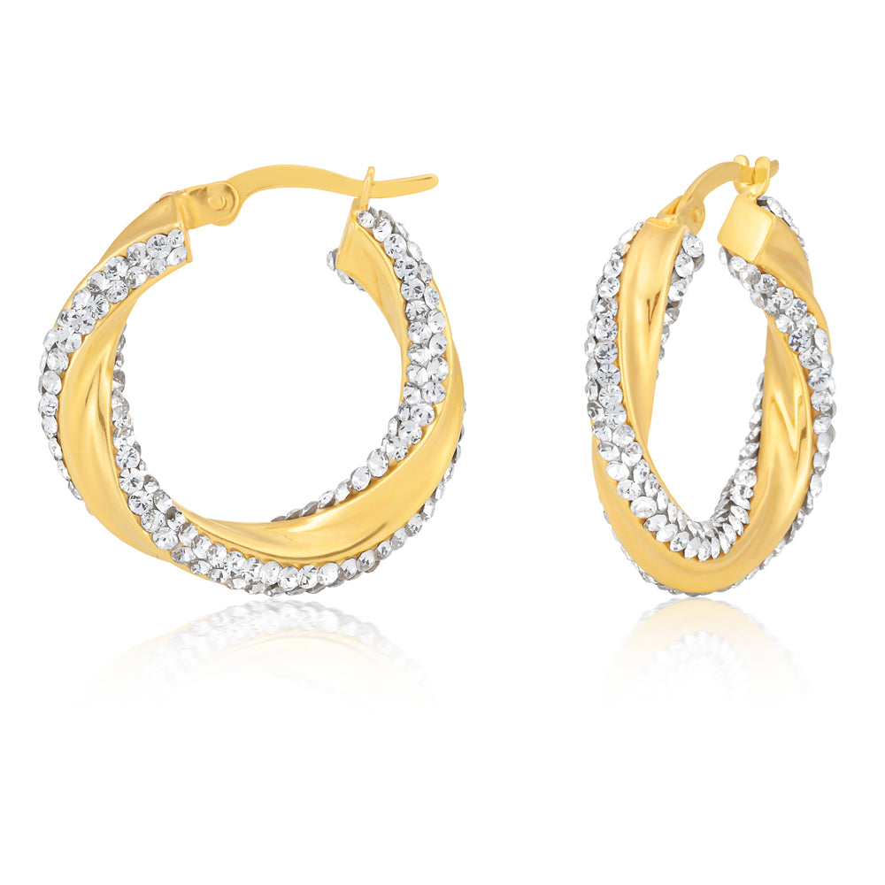 9ct Yellow Gold-plated Twisted Crystal Hoop Earrings for Women's Fashion Jewelry