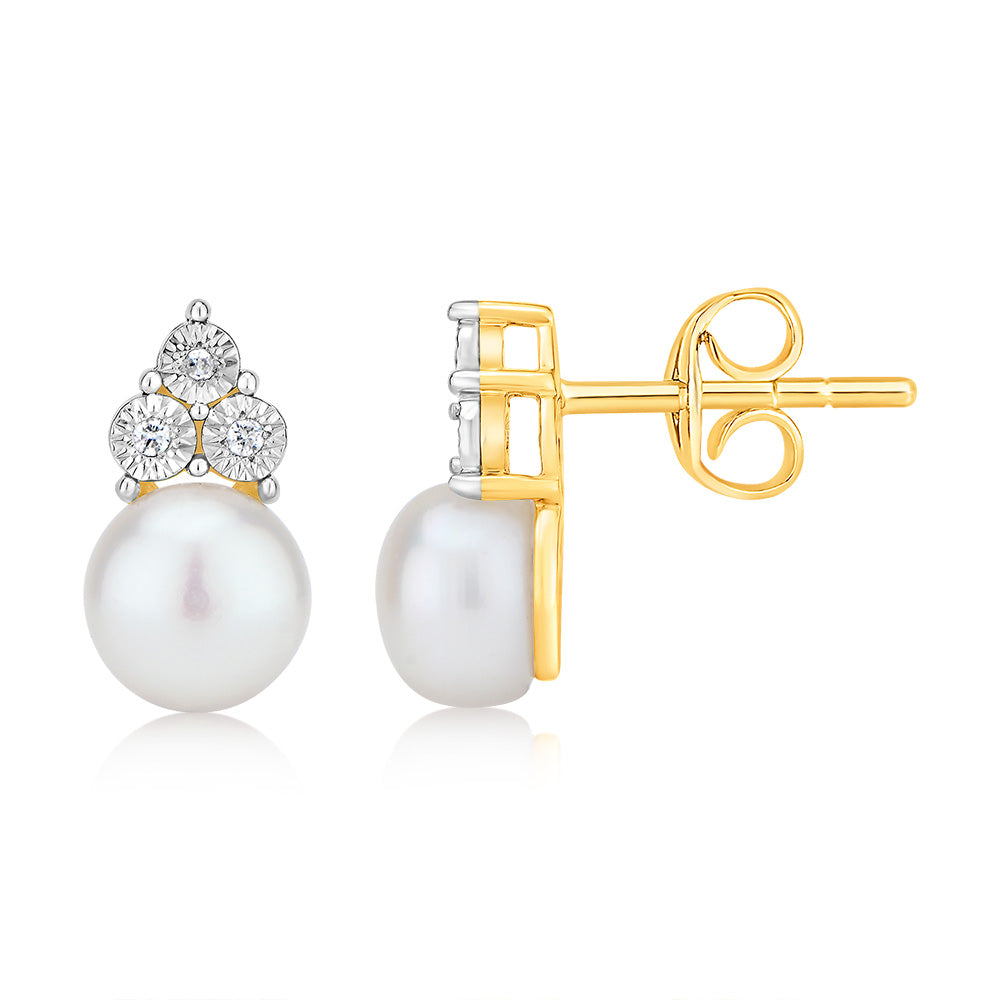 Stunning 9ct Yellow Gold Pearl and Diamond Stud Earrings - Ideal Jewelry Pieces