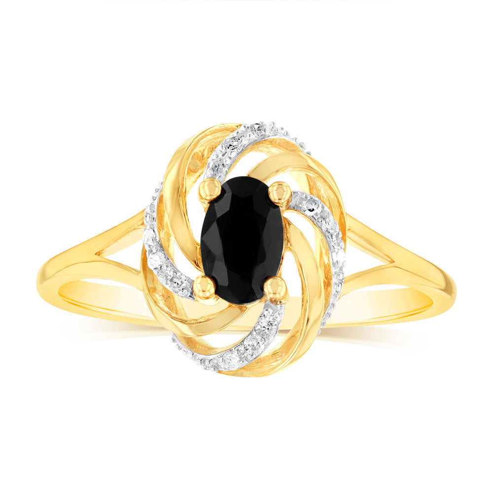 Exquisite 9 Carat Yellow Gold Ring Featuring a 0.65 Carat Natural Sapphire and 12 Sparkling Diamonds