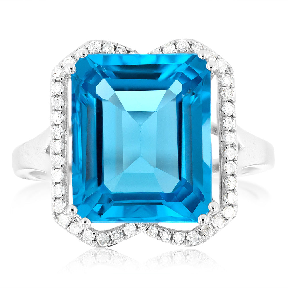 Stunning 9ct White Gold Ring with Natural Blue Topaz and Diamonds