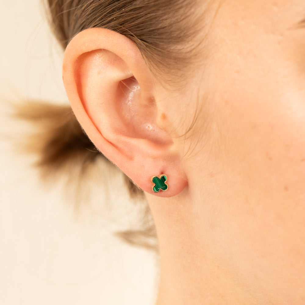 Stylish 9ct Yellow Gold Malachite Petal-shaped Stud Earrings