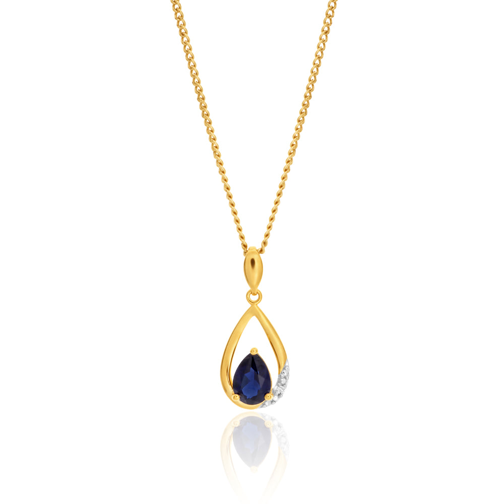 Exquisite 9 Carat Yellow Gold Pendant with Lab - Created Sapphire and Real Diamonds