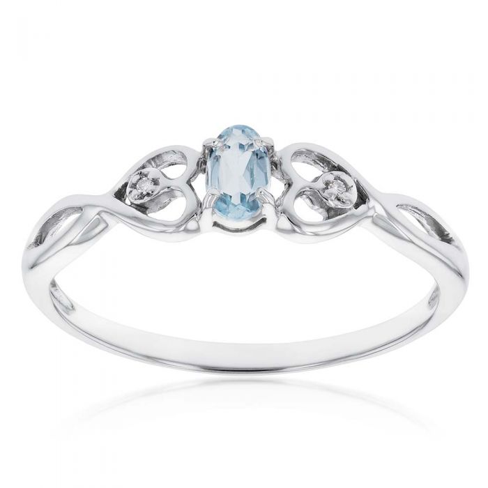 Exquisite 9ct White Gold 5x3mm Oval Ring with 0.21ct Aquamarine and Diamonds