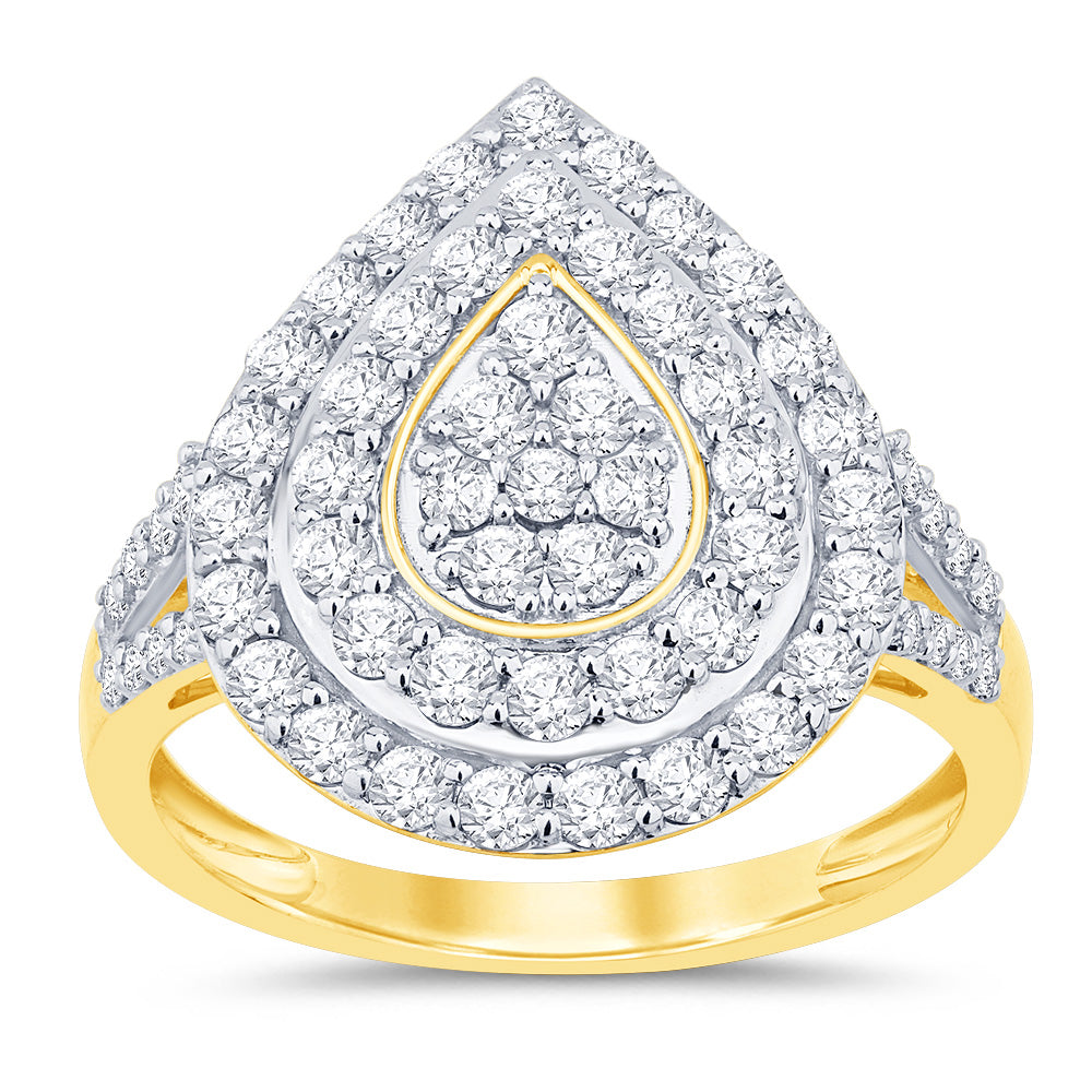 Stunning 9 Carat Yellow Gold Cluster Dress Ring Featuring 1 Carat of Pear - Shaped Diamonds