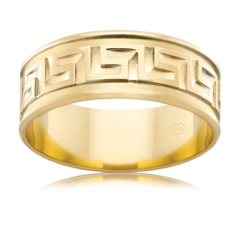 9 Carat Yellow Gold 8mm Flat Beveled Greek Key Design Finger Ring - Size X