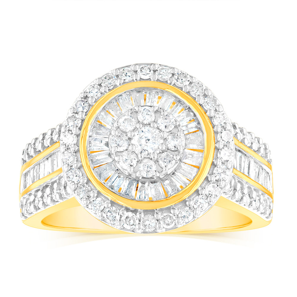 Exquisite 1 Carat Diamond Cluster Engagement Ring Featuring Round Brilliant and Baguette Diamonds Set in 9ct Yellow Gold
