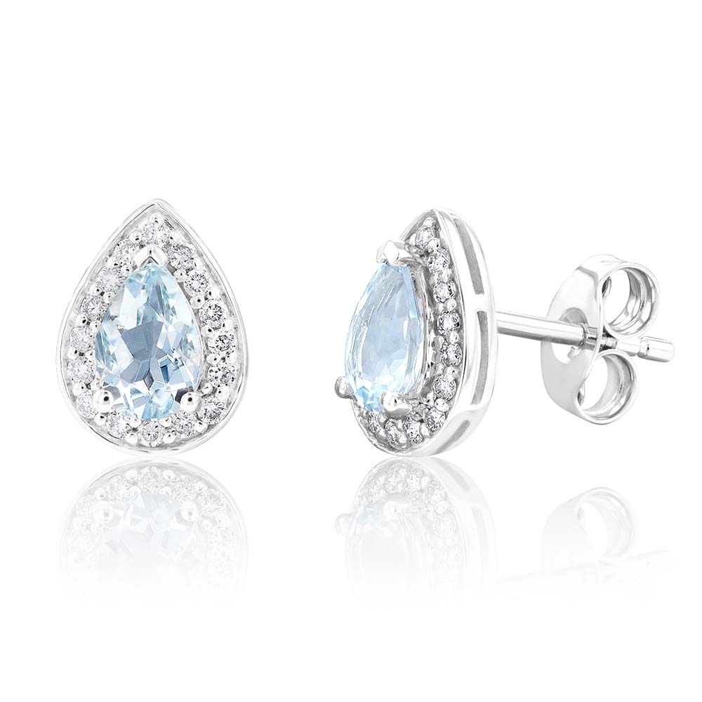 9ct White Gold 1/3ct Aquamarine and 0.15ct Diamond Pear - Shaped Halo Stud Earrings for a Stunning Look
