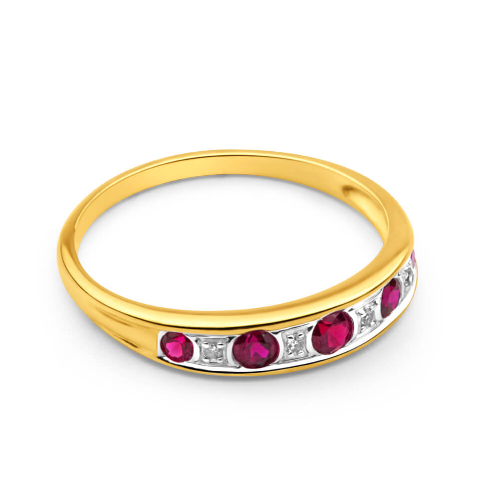 9 Carat Yellow Gold Ring Featuring 5 Lab - Created Rubies and Graduated Diamonds