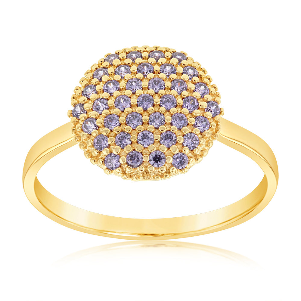 10mm Round Pave Ring in 9ct Yellow Gold with Purple Cubic Zirconia
