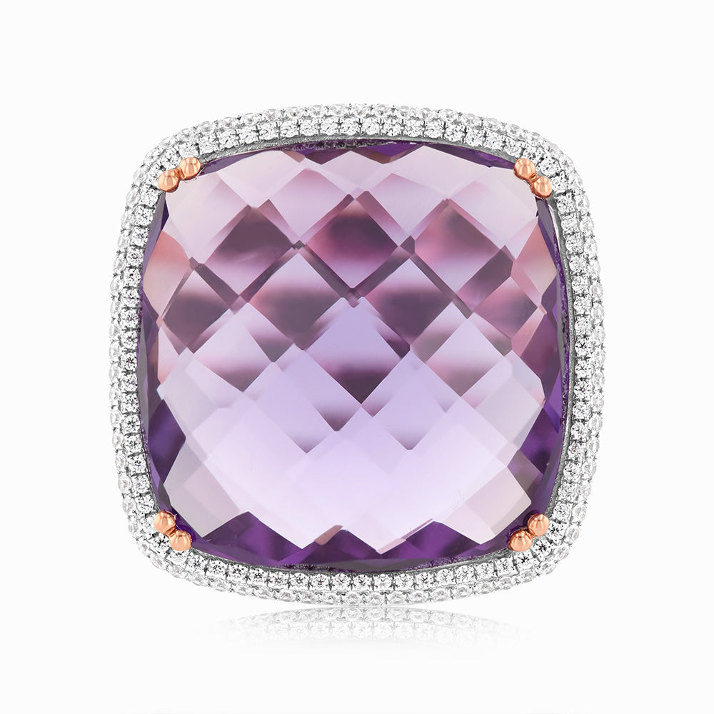 Stunning 9ct Rose Gold Ring Adorned with Amethyst and 0.54ct Cubic Zirconia
