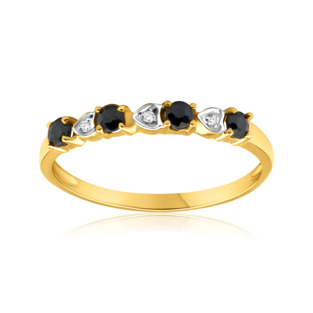 Stunning 9ct Yellow Gold Ring with Natural Black Sapphires and 3 Diamonds