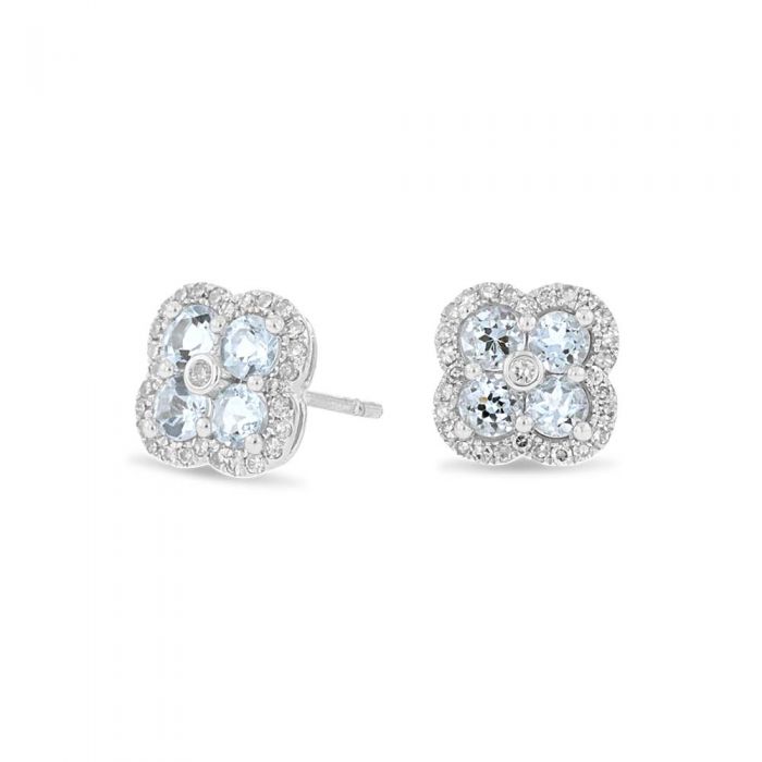 Stunning 9ct White Gold Aquamarine & 0.22ct Diamond Shamrock Stud Earrings
