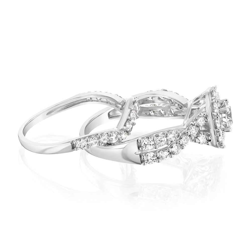 14ct White Gold 1.95-Carat Brilliant Cut Diamond Halo Bridal Two-Ring Set