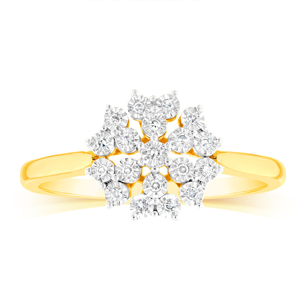 9ct Yellow Gold Ring with Flower Design and 05 Points of Natural Diamonds