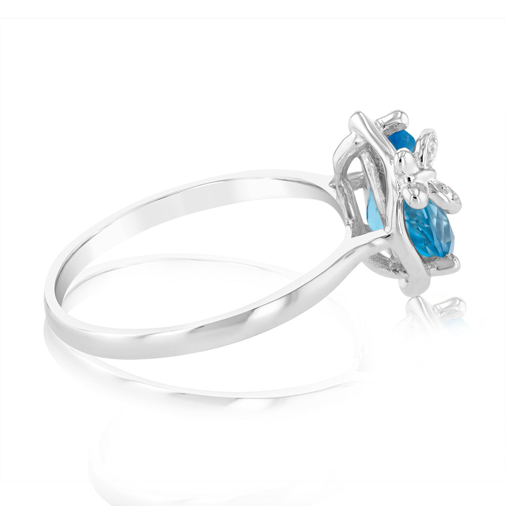 Exquisite 9-carat White Gold Ring Adorned with Natural Blue Topaz and Diamonds