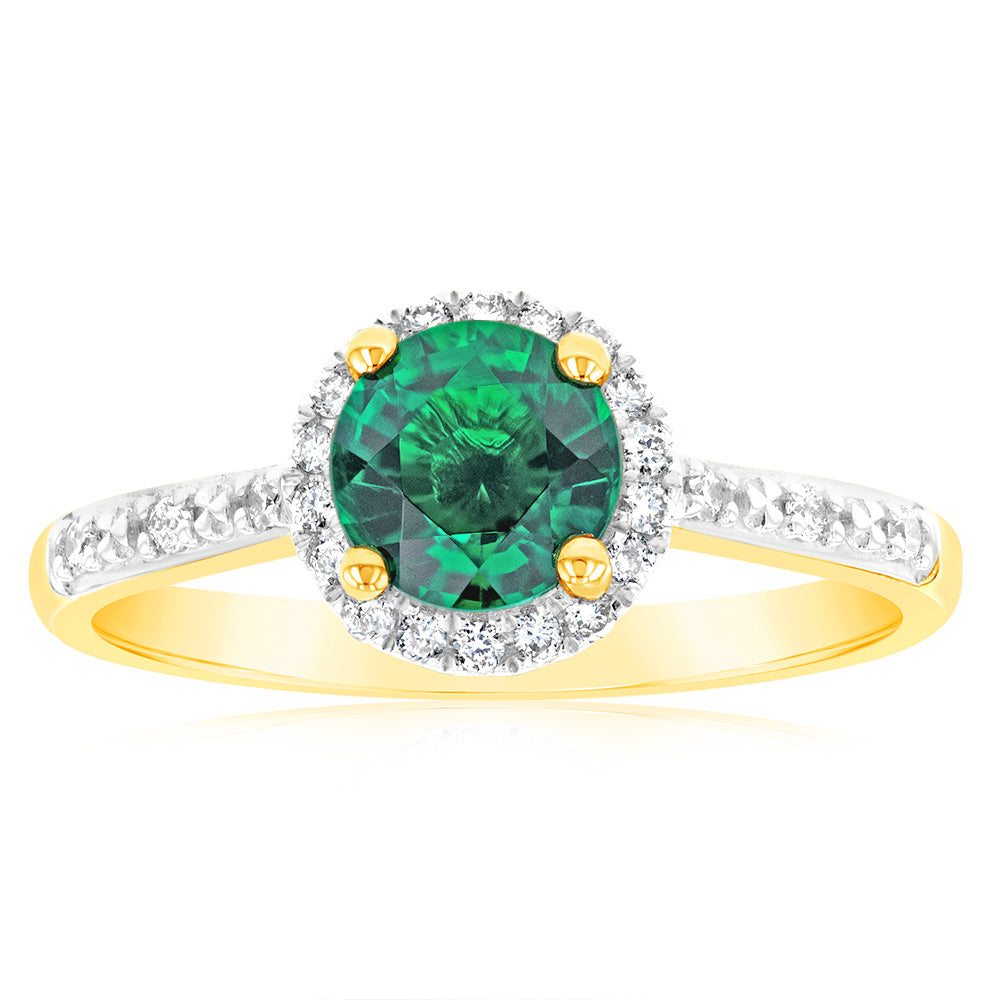 9ct Yellow Gold Ring with Created Emerald and Diamond Halo, a Stunning Jewelry Piece