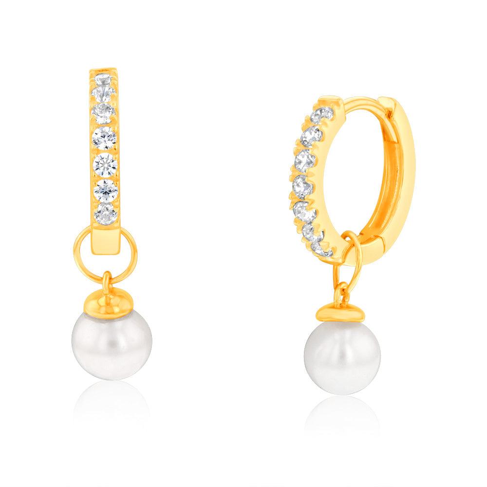 Exquisite 9ct Yellow Gold Hoop Earrings with Freshwater Pearls and Cubic Zirconia Accents