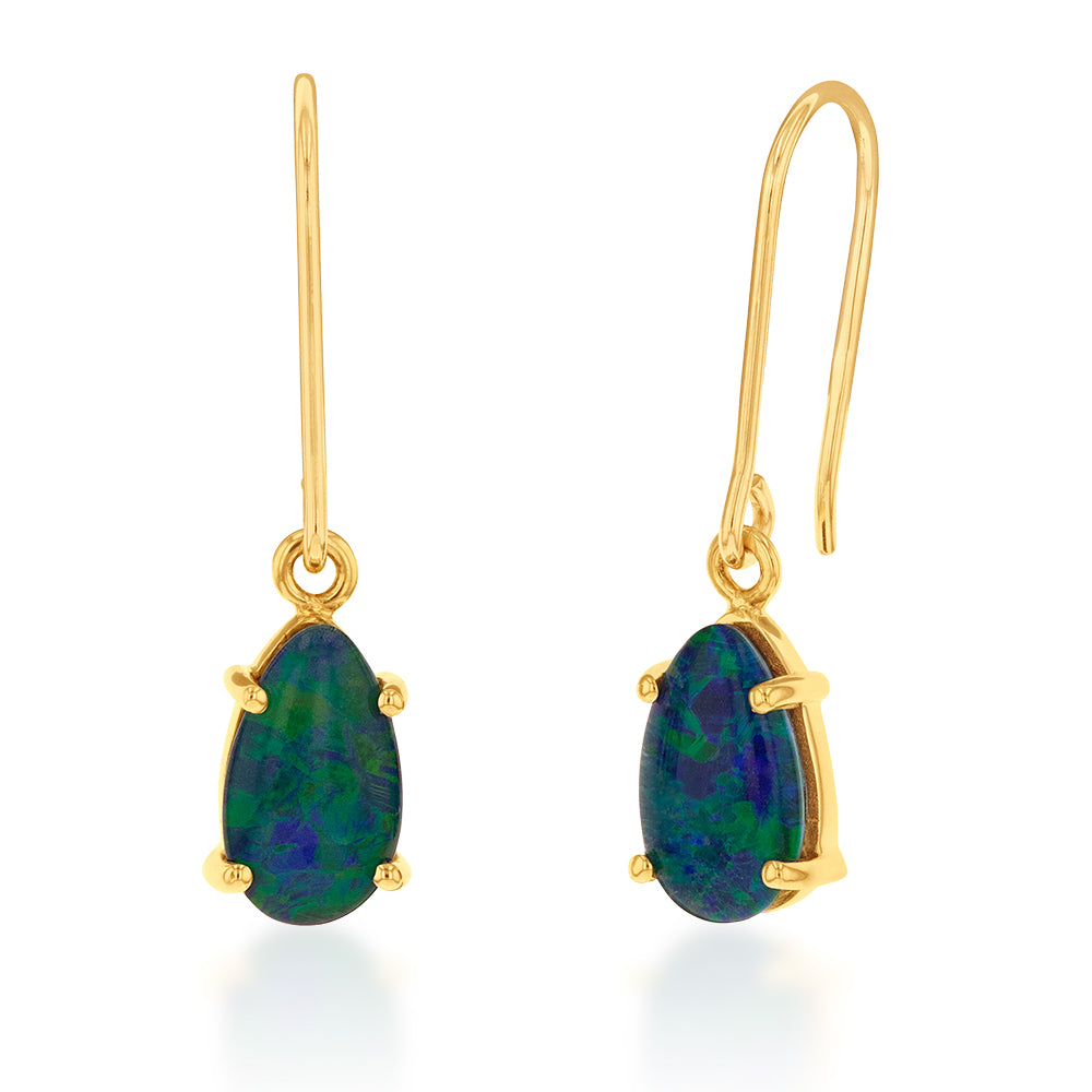Stunning 9 - carat Yellow Gold 10x7mm Triplet Opal Hook - style Drop Earrings for Women