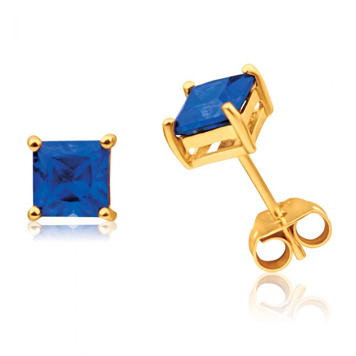 9ct Yellow Gold Fashionable Created Sapphire 5mm Princess Cut Stud Earrings for Women