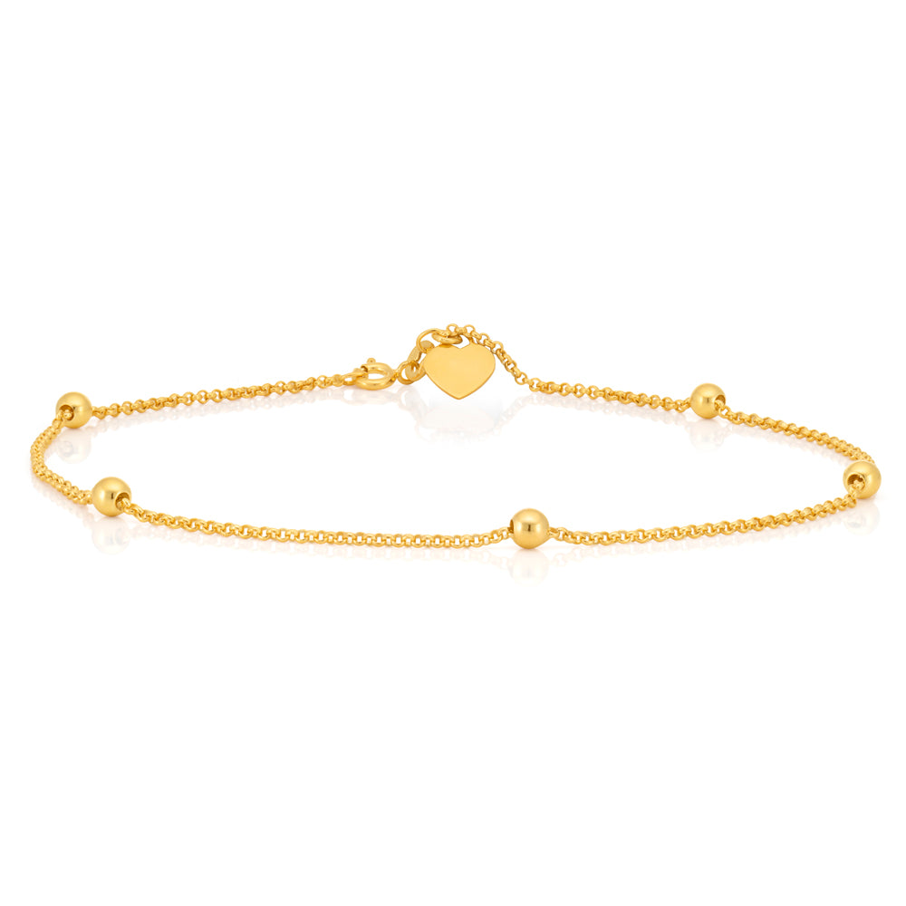 27cm 9-Carat Yellow Gold Plated Belcher Style Heart Charm Anklet for Women's Jewelry