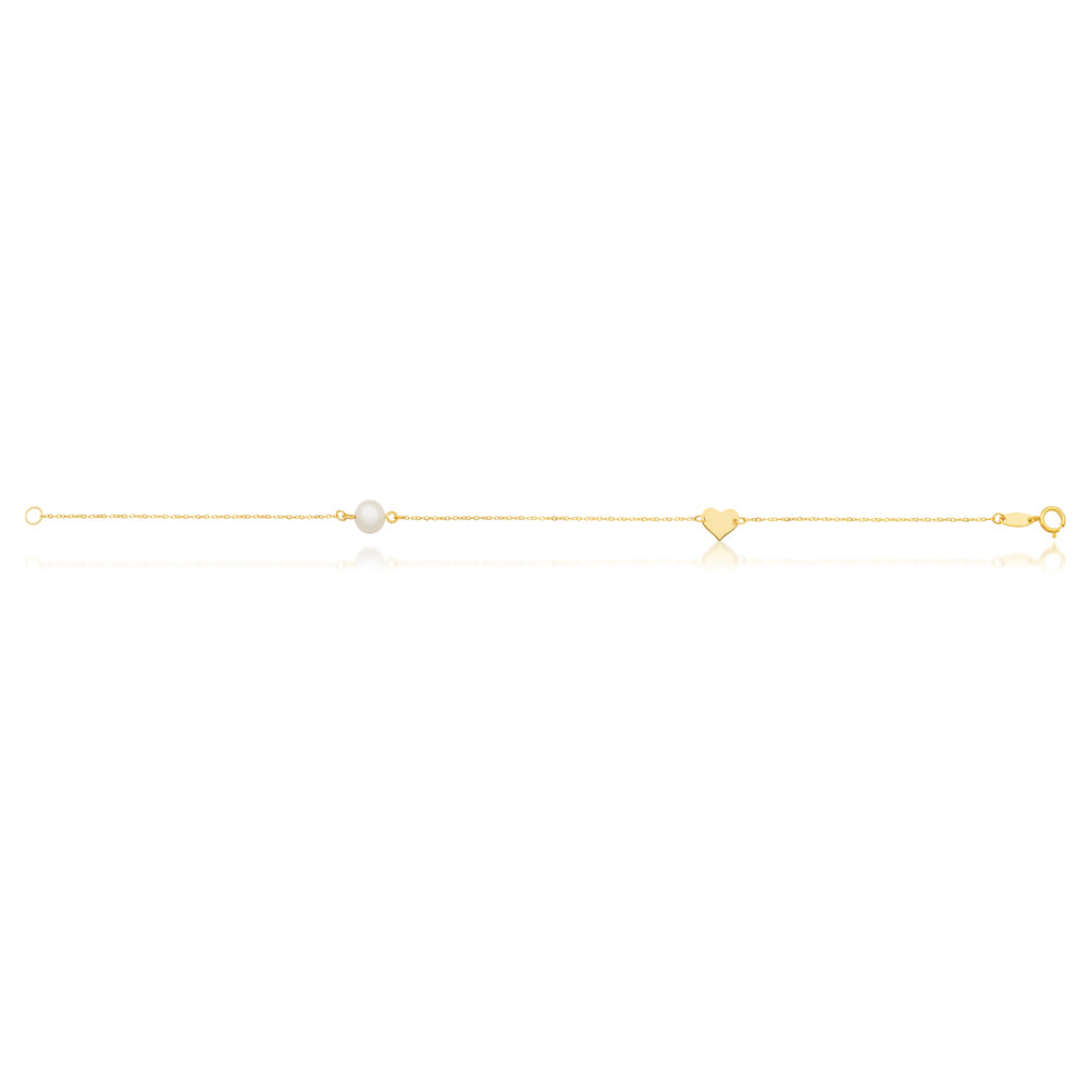Exquisite 9ct Yellow Gold Bracelet with Pearl and Gold Heart Charm