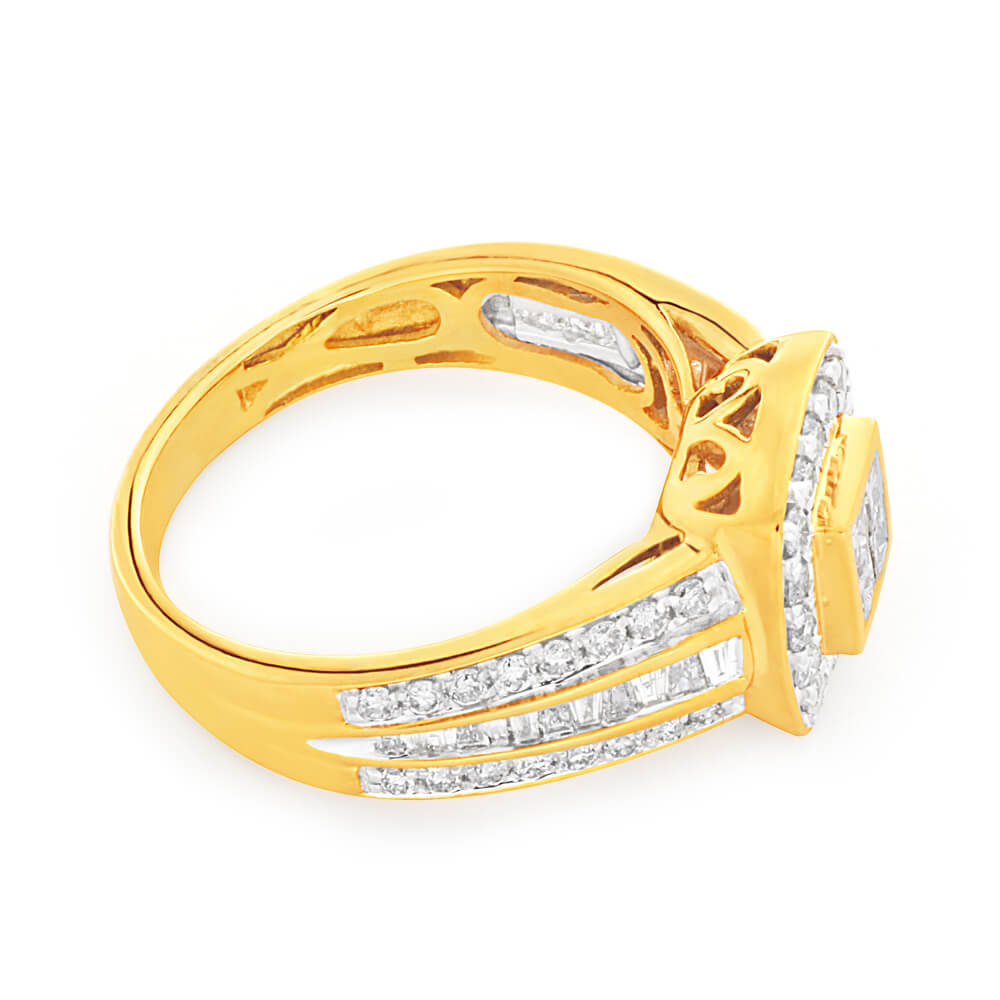 Exquisite 9ct Yellow Gold 1 Carat Diamond Engagement Ring Set Adorned with 76 Stunning Diamonds