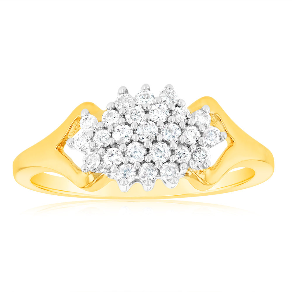 Stunning 1/4 Carat Diamond Cluster Engagement Ring Crafted in 9ct Yellow Gold