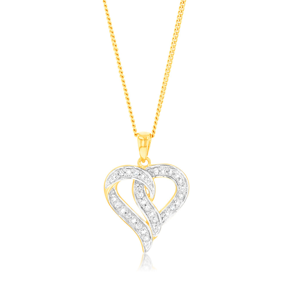 9ct Yellow Gold Heart - shaped Diamond Pendant Embellished with 14 Diamonds
