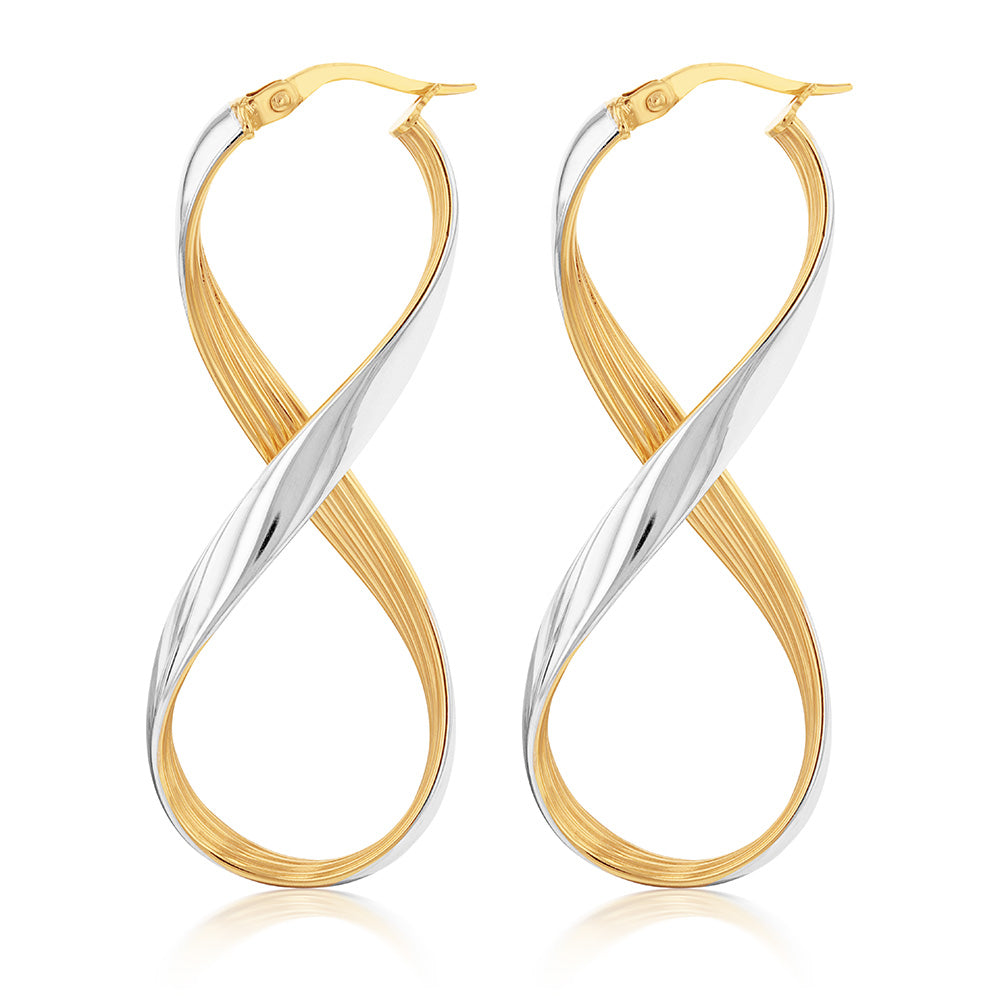 Stunning 9ct Yellow and White Gold Infinity Design Hoop Earrings for Fashion Lovers
