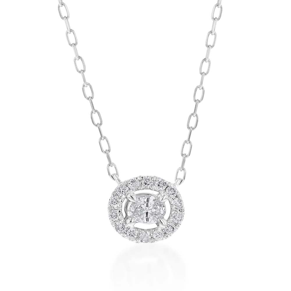10ct White Gold Adjustable Chain Pendant with Oval Diamond Halo, 10 - 14 Points Total