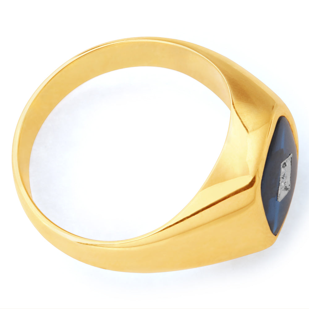 9ct Yellow Gold Men's Ring Featuring Lab-Created Blue Spinel and Real Diamonds (Non-Resizable)