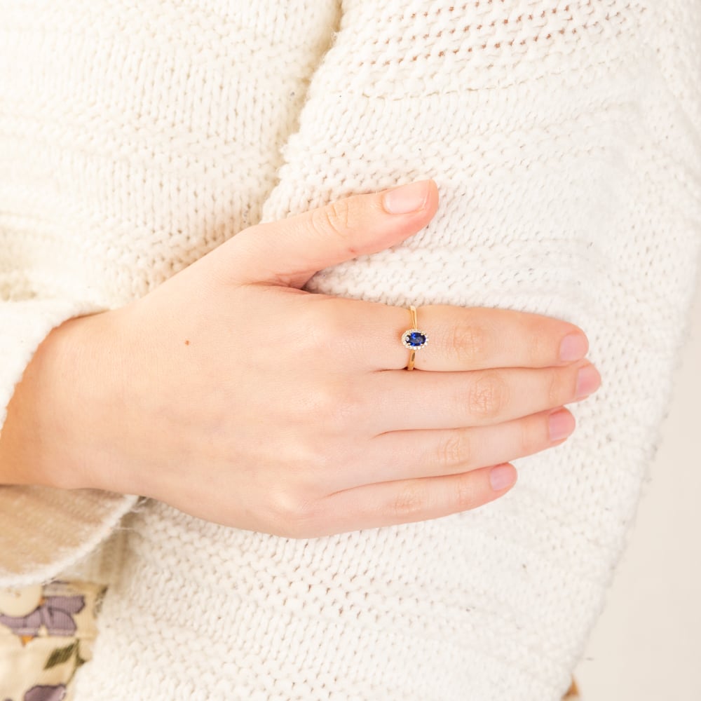 Exquisite 9ct Yellow Gold Ring with Created Oval Sapphire and Diamond Halo
