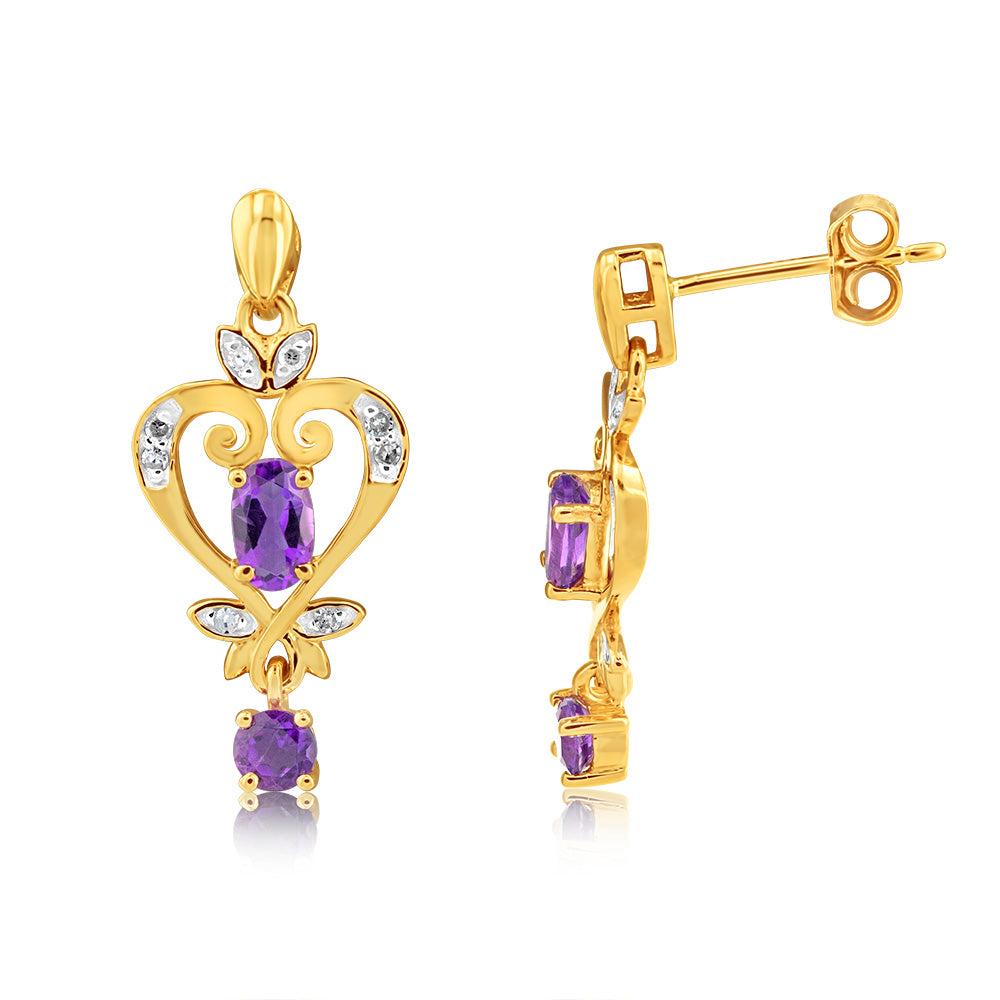 Gorgeous 9 Carat Yellow Gold Drop Earrings with Amethyst and Sparkling Diamonds
