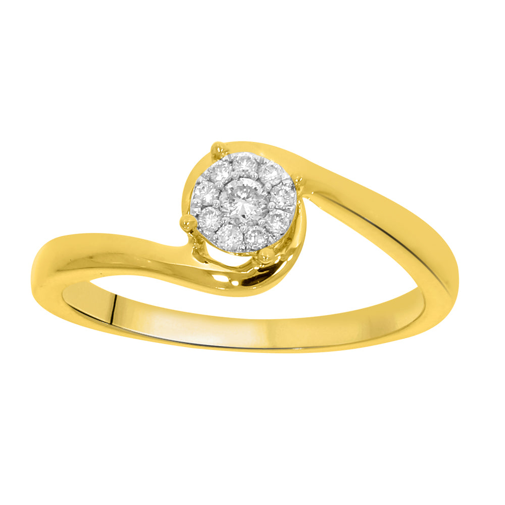 Exquisite 9 Carat Yellow Gold 0.1 Carat Diamond Swirl Halo Engagement Ring
