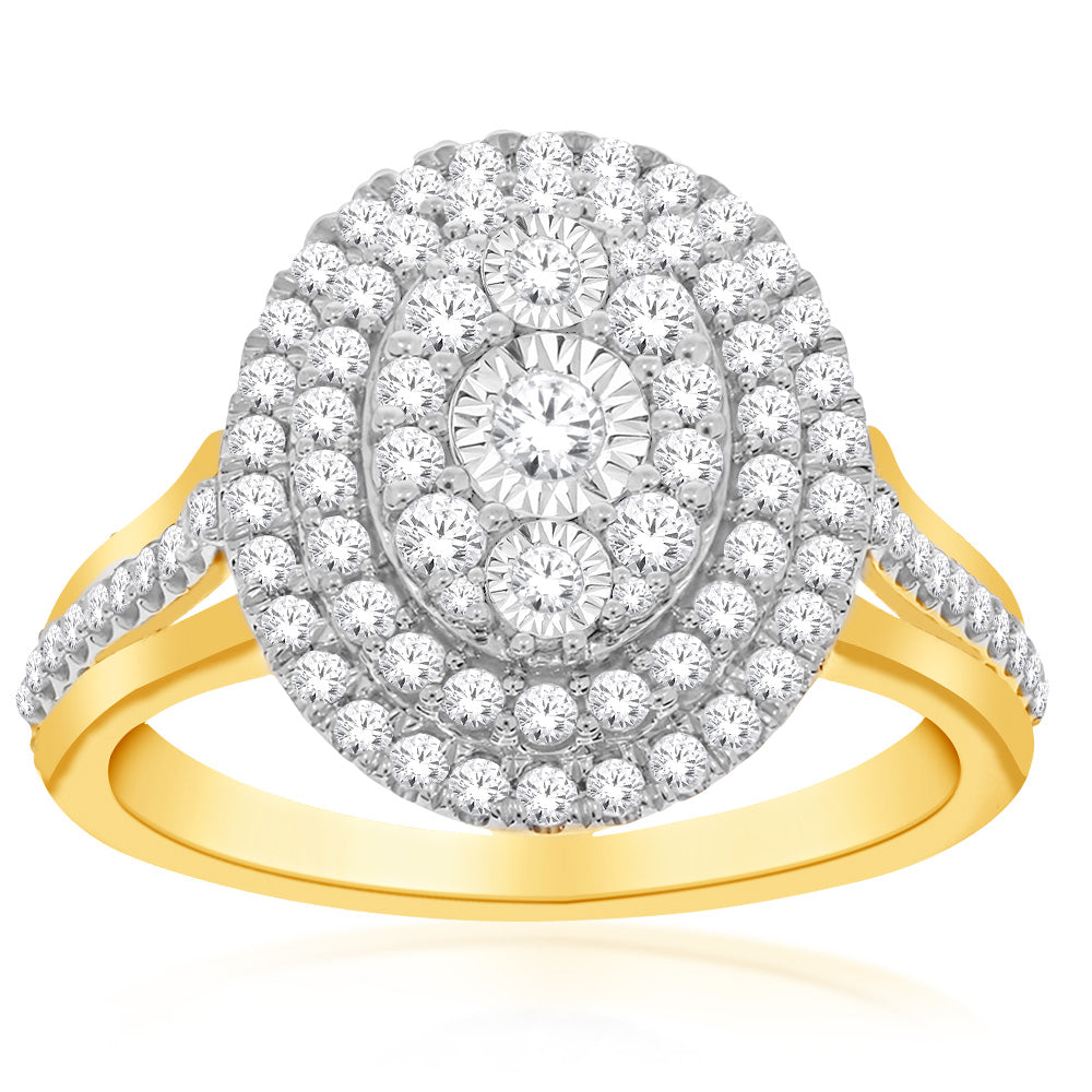 Exquisite 10 Carat Yellow Gold Oval Dress Ring with 1 Carat Diamond