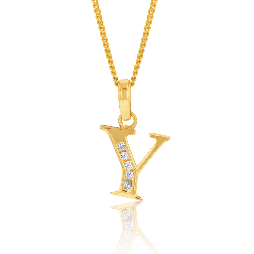 Gorgeous 9ct Yellow Gold Initial Y Pendant with Zirconia Stones