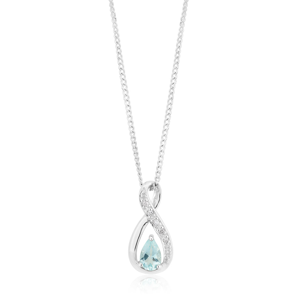Stylish 9ct White Gold Aquamarine and Diamond Infinity-Shaped Pendant