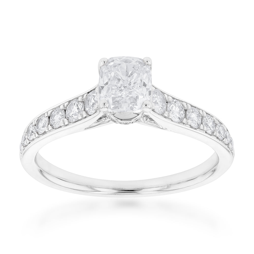 Exquisite 14 Carat White Gold Engagement Ring Featuring a 1.40 Carat Cushion Cut Centre Diamond