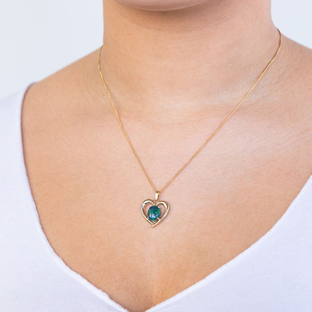10x8mm 9ct Yellow Gold Heart-shaped Pendant with Natural Australian Opal