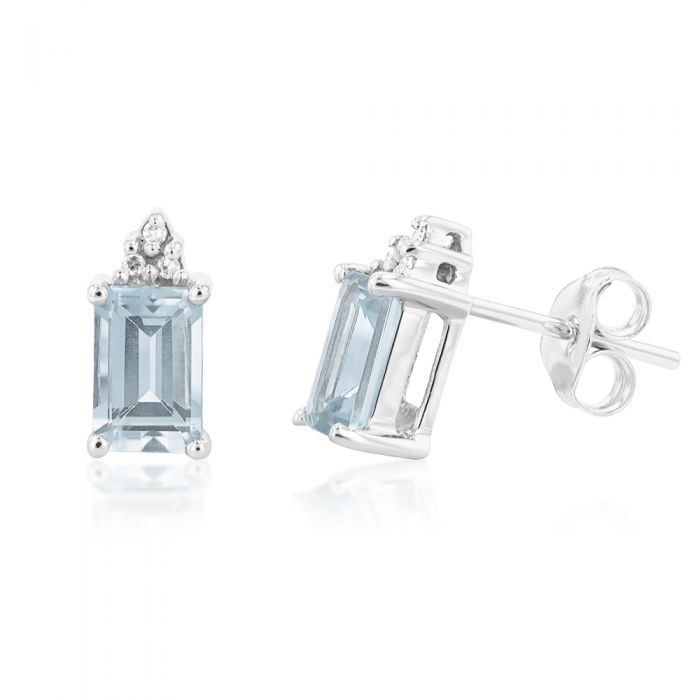 9 Carat White Gold Stud Earrings Featuring Emerald Cut Aquamarine and Diamonds
