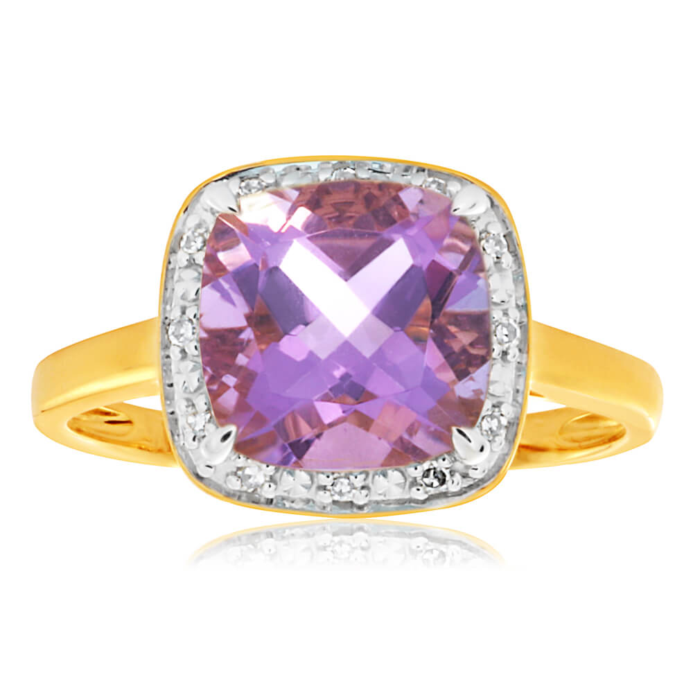 9 Carat Yellow Gold Amethyst and Diamond Engagement Ring for Women