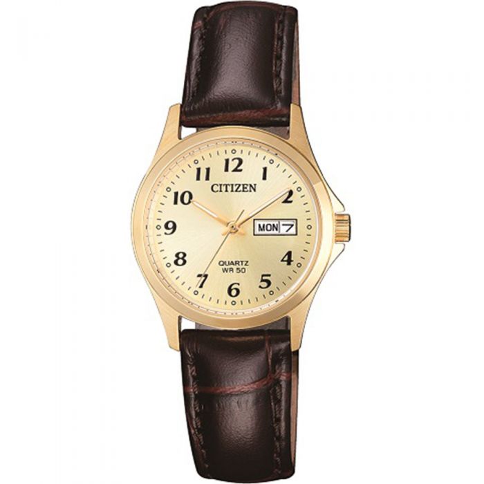 Citizen EQ2002-07P Quartz Watch with Gold - Plated Case and Brown Leather Band
