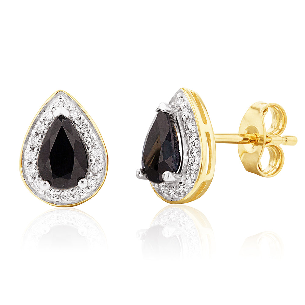 9ct Yellow Gold Stud Earrings with 0.60ct Natural Sapphire and 0.15 Carat Diamond in a Pear Halo Design