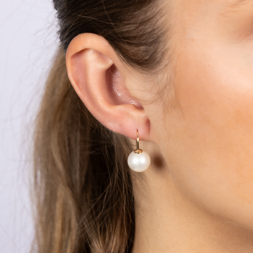 9ct Yellow Gold White South Sea Hook Drop Earrings, 9 - 11mm