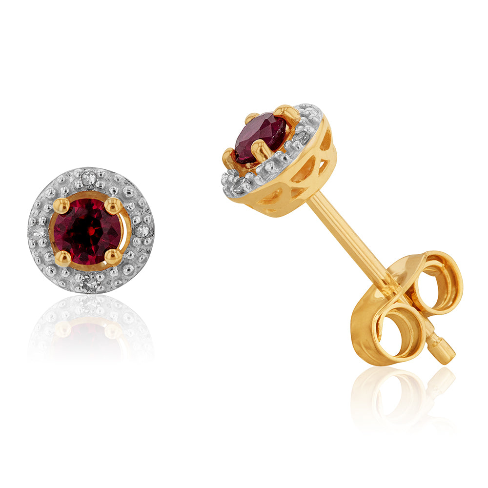 Exquisite 9ct Yellow Gold Fashion Stud Earrings with Lab - Created Rubies and Diamond Halos