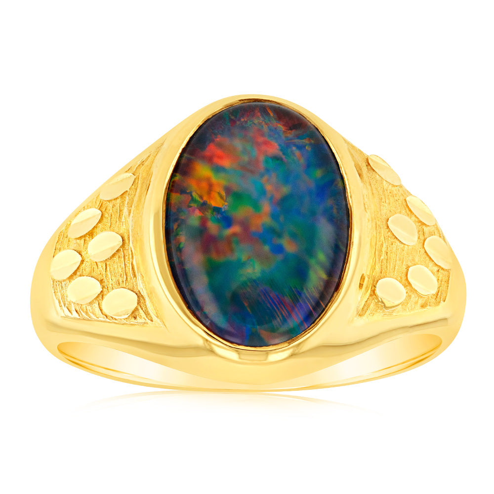 14x10MM 9ct Yellow Gold Gents Ring with Triplet Opal
